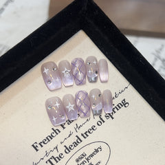 Purple Plaid Stars Cat Eye Handmade press on Nails / 10Pcs Squoval Nails