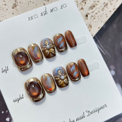 Cat Eye 3D Flower Sunset Handmade press on Nails / 10Pcs Squoval Nails