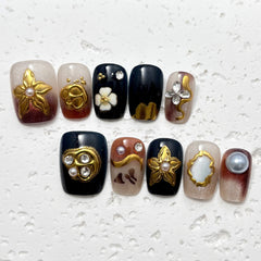 Black Gold 3D Flower(Handmade press on nails)/10Pcs Square Nails