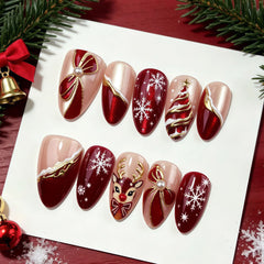 Christmas Deer Bow Presson on Nails 10Pcs Medium Almond Nails