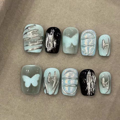 Y2K Metal Butterfly(Handmade press on nails)/10Pcs Squoval Nails