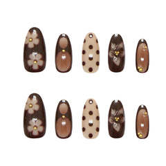 Polka Dot Flower Gold Bead Presson on Nails 10Pcs Medium Almond Nails