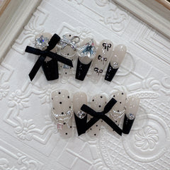 Black Polka Dot Bow Handmade press on Nails / 10Pcs Ballerina Nails