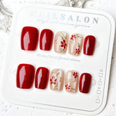 Ruby Glass Bead Cat Eye on Nails 10Pcs Short Square Nails