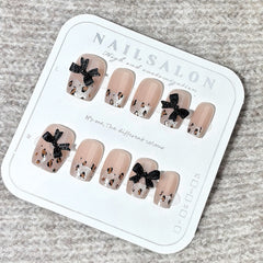 Leopard Print Bow Cat Eye(Handmade press on nails)/10Pcs Squoval Nails