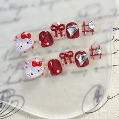 Polka Dot Stripe Kitty Diamond(Handmade Press On Nails)/10Pcs Short Children's Nails