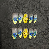 3D Blueberry Yellow Flower(Handmade press on nails)/10Pcs Almond Nails