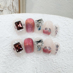 Cat's Eye Pearl Diamond Handmade press on Nails / 10Pcs Squoval Nails