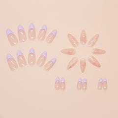 French 3D Bow Flowers Purple Press on Nails 24Pcs Medium Almond Nails