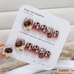 Diamond Bow Cat Eye Leopard Print(Handmade press on nails)/10Pcs Squoval Nails
