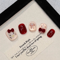 Bow Polka Dot Kitty Cat Eye(Handmade press on nails)/10Pcs Squoval Nails