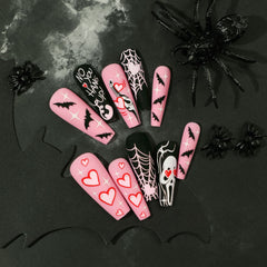 Ghost Spider Web Press on Nails 24Pcs Long Ballerina Nails