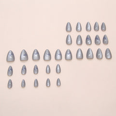 Cat Eye Gray Bow Press on Nails 24Pcs Short Almond Nails