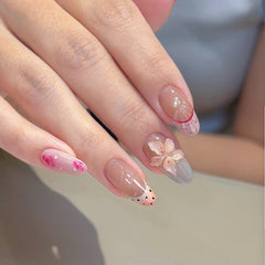Pink Flower Vacation Press on Nails 10Pcs Medium Almond Nails