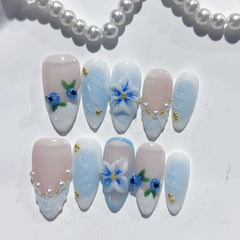 Line Blueberry Flower(Handmade press on nails)/10Pcs Almond Nails