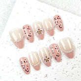 Pink Pearl Leopard Print on Nails 10Pcs Short Almond Nails