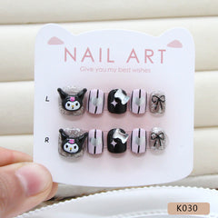 Kuromi Striped Bow(Handmade Press On Nails)/10Pcs Short Children's Nails