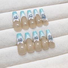 French 3D Orchid Blue Press on Nails 24Pcs Long Ballerina Nails