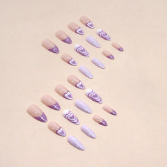 Purple Love Press on Nails 24Pcs Medium Almond Nails