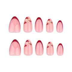 French Red Heart Press on Nails 24Pcs Medium Almond Nails