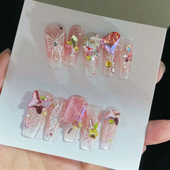 Pink Diamond Butterfly Handmade press on Nails / 10Pcs Ballerina Nails