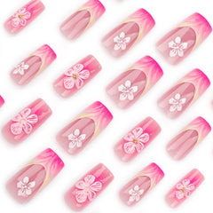 French Blush 3D Flowers Press on Nails 24Pcs Medium Squoval Nails