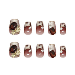 Diamond Bow Cat Eye Leopard Print(Handmade press on nails)/10Pcs Squoval Nails