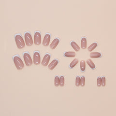 Simple Fine Glitter French Nude Press on Nails 24Pcs Medium Oval Nails