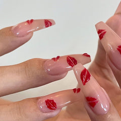 Red Lipstick Press on Nails 24Pcs Long Ballerina Nails
