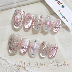 Girls' Gilded Bow Cat Eye(Handmade press on nails)/10Pcs Oval Nails