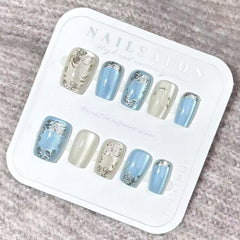 Ice Gold Flowers Cat Eye(Handmade press on nails)/10Pcs Squoval Nails