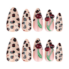 Leopard Print Cherry Press on Nails 24Pcs Medium Almond Nails