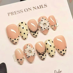 Polka Dot French Lily Presson on Nails 10Pcs Medium Almond Nails