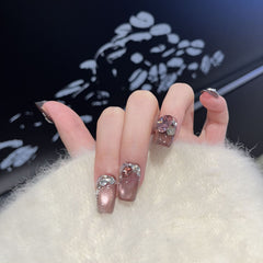 Glass Bead Zircon Cat Eye(Handmade press on nails)/10Pcs Square Nails