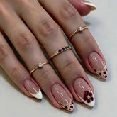 French Leopard Print Flower Presson on Nails 24Pcs Medium Almond Nails