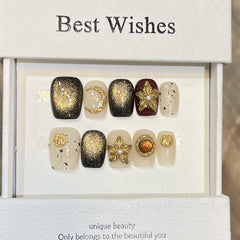 Star Moon Flower Handmade press on Nails / 10Pcs Squoval Nails