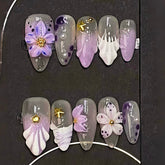Iris Purple Flower Press on Nails 10Pcs Medium Almond Nails