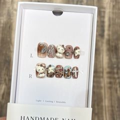 Leopard Print Metal Cross(Handmade press on nails)/10Pcs Square Nails