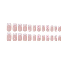 French Bow Pearls Pink Press on Nails 24Pcs Medium Squoval Nails