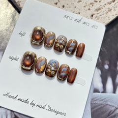 Cat Eye 3D Flower Sunset Handmade press on Nails / 10Pcs Squoval Nails