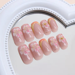 Gradient French 3D Striped Ice Flower Press on Nails 24Pcs Medium Squoval Nails