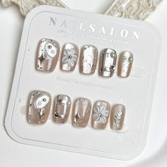 White Moonlight Flowers(Handmade press on nails)/10Pcs Suqare Nails