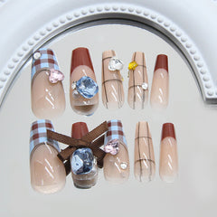Blue Brown Plaid Diamond Bow Press on Nails 24Pcs Long Ballerina Nails