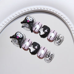 Kuromi Striped Bow(Handmade Press On Nails)/10Pcs Short Children's Nails