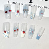 Blue Plaid Cherry Cat Eye(Handmade press on nails)/10Pcs Ballerina Nails