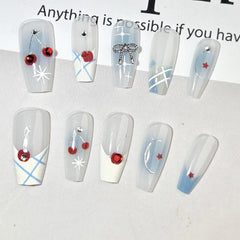 Blue Plaid Cherry Cat Eye(Handmade press on nails)/10Pcs Ballerina Nails