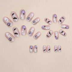 Purple Pumpkin Ghost Press on Nails 24Pcs Medium Oval Nails