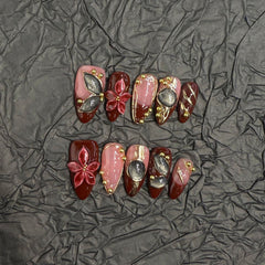 Red Velvet 3D Flower(Handmade press on nails)/10Pcs Almond Nails