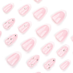 French Snowflake Diamond Press on Nails 24Pcs Short Almond Nails