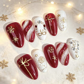 3D Gilded Christmas Presson on Nails 10Pcs Medium Almond Nails